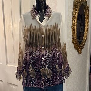 NICOLA Sheer Vibrant Purple Brown Cream Colors Button Up Blouse Large Y2K